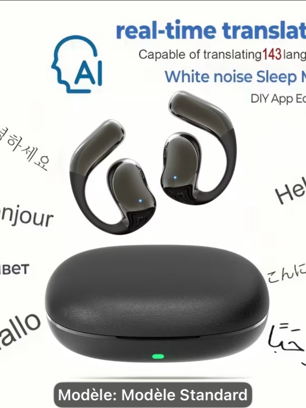 Others Black Wireless AI Real-Time Translation Earbuds with Charging Case